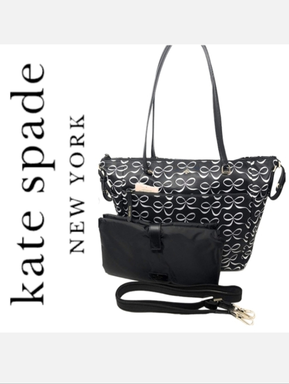 Kate Spade NY Lrg Baby Diaper Bag Black/White Jae Elegant Bow NWT